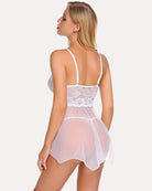 White lace mesh babydoll nighty with lace waist and sheer back yoke.