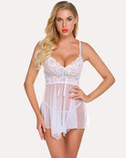 White lace mesh babydoll nighty with V-neck lace bodice and sheer layered skirt.