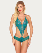 Teal lace deep-V one-piece teddy with halter straps and center ring