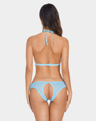 Light blue lace deep-V one-piece teddy, open back with thin tie straps