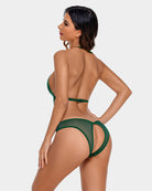 Deep V lace one-piece teddy, green back view with strappy sides and lace thong panel