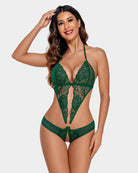 Deep V lace one-piece teddy, green lace plunge with open sides and thong-style bottom
