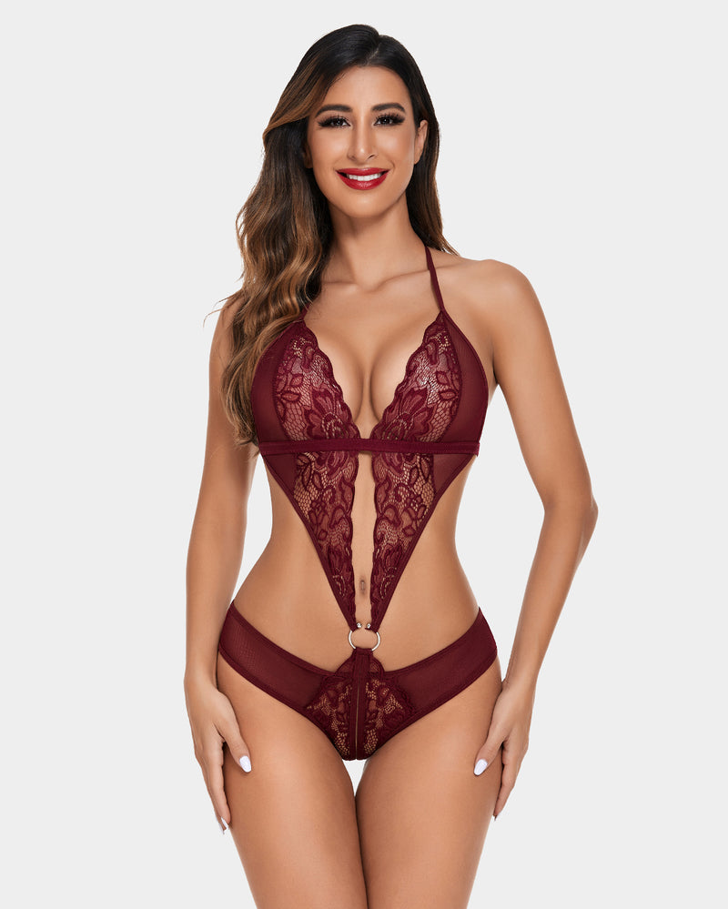 Burgundy lace deep-V one-piece teddy with halter straps and cutout front