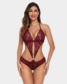 Burgundy lace deep-V one-piece teddy with halter straps and cutout front