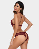 Burgundy lace deep-V one-piece teddy with open back and thin tie straps