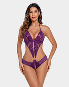 Purple lace deep V mini bodysuit with scalloped trim and sheer back panel