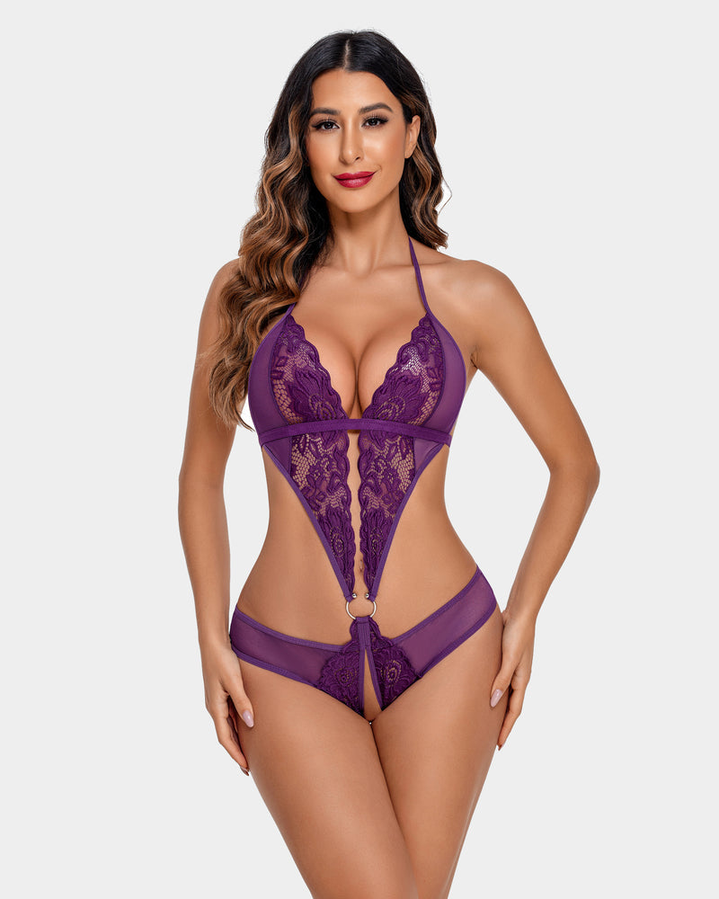 Purple lace deep V mini bodysuit with scalloped trim and sheer back panel