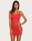Red fishnet chemise dress with vertical cutout stripes and thin spaghetti straps, short bodycon
