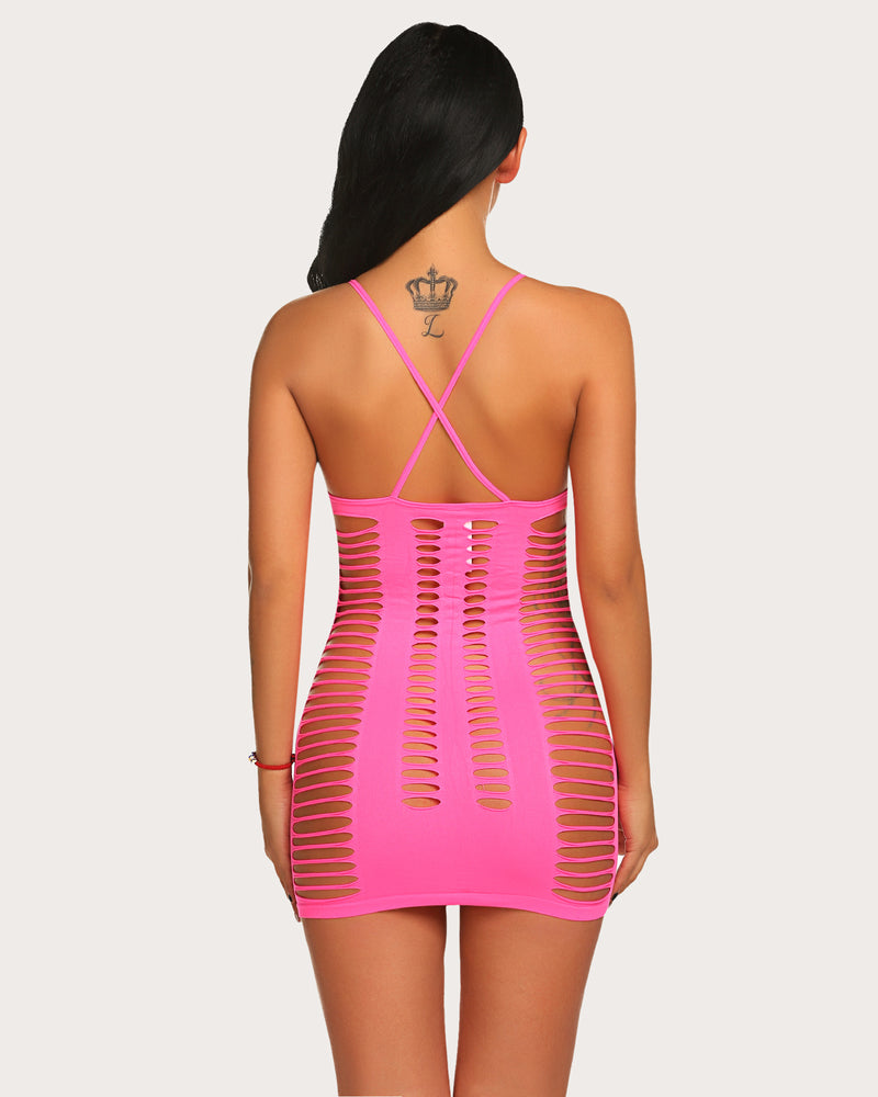Pink mesh chemise mini dress, open-back crisscross straps and cut-out stripe pattern