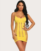 Yellow mesh chemise mini dress with cut-out stripe pattern and spaghetti straps