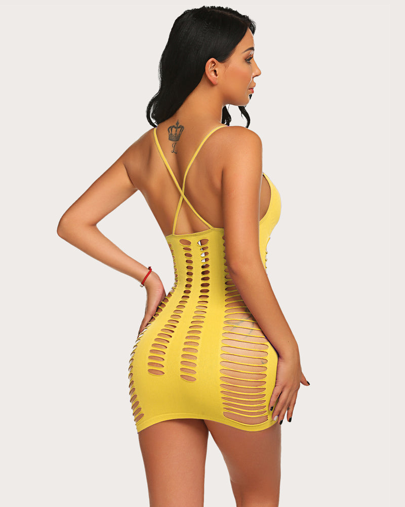 Yellow mesh chemise mini dress, open-back crisscross straps and cut-out stripe pattern