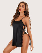 Black satin lace side-slit nightgown with spaghetti straps and scalloped edge