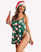 Satin lace chemise with holiday snowman print and spaghetti straps, green front with tie sides