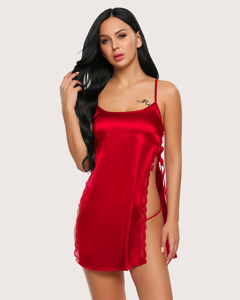 Satin lace chemise with thin spaghetti straps, side lace trim, red