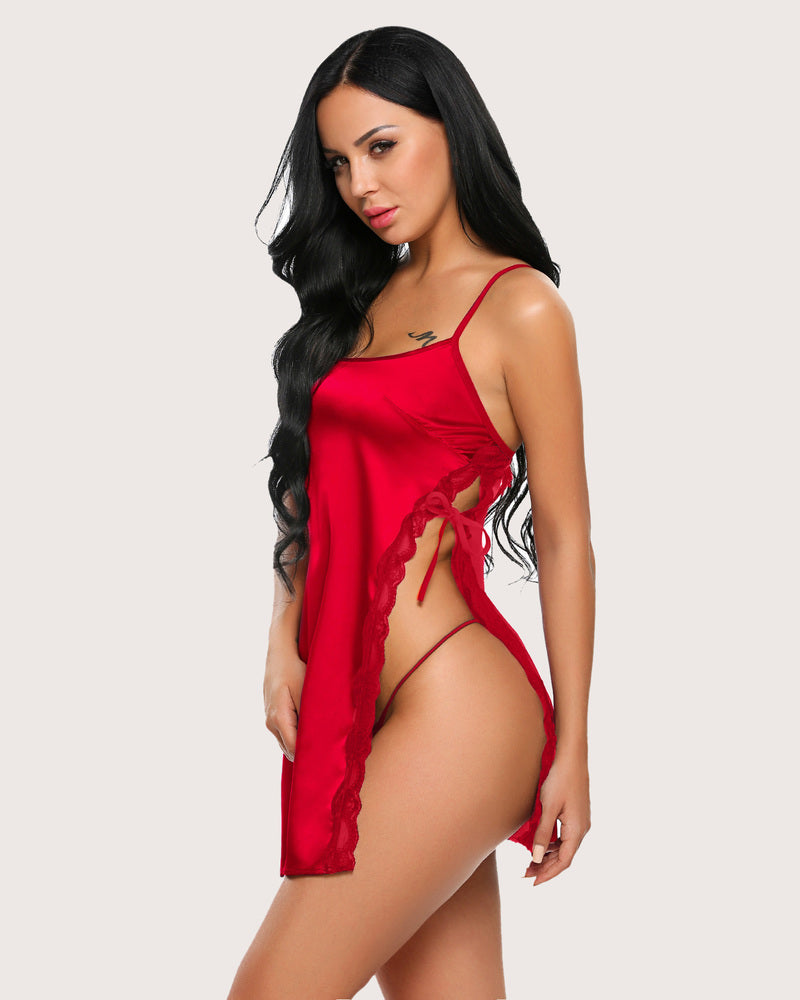 Satin lace chemise with thin straps, lace side cutout, red