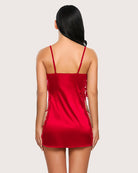 Satin lace side-slit nightgown, red satin with lace trim at the back