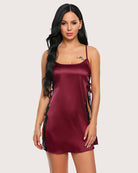 Satin lace chemise in dark wine with lace trim and adjustable spaghetti straps