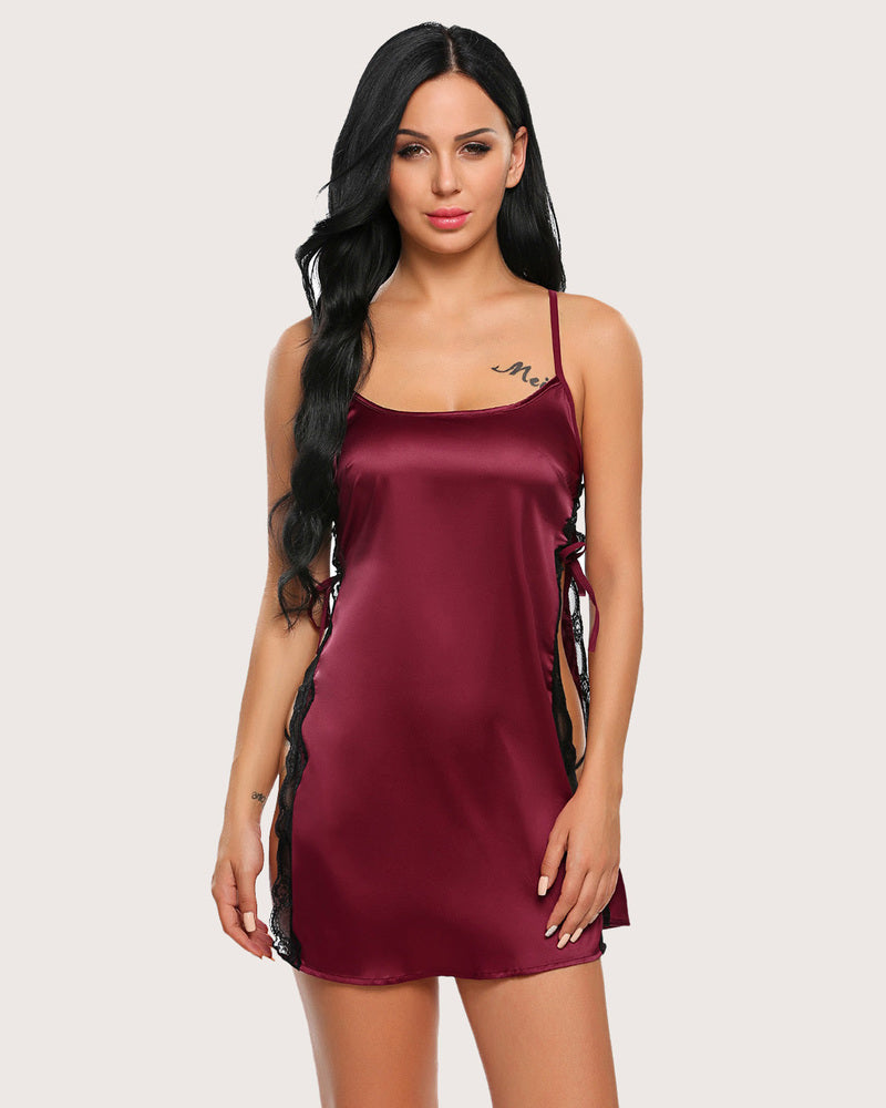 Satin lace side-slit nightgown, dark purple satin with lace side panels