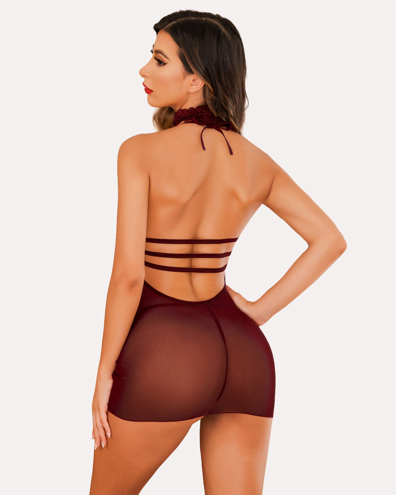 Lace halter chemise dress, dark red, back view with crisscross strap and sheer panels
