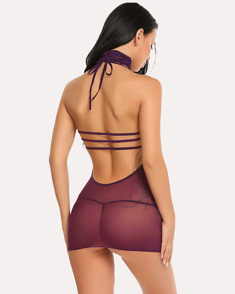 Lace halter chemise dress, dark burgundy lace open-back straps