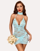 Light blue lace halter chemise dress with scalloped V-neck and fitted hem