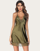 Olive satin lace nightgown with V-neck lace trim and scalloped lace hem