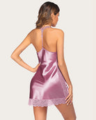 Lilac satin lace nightgown, open-back lace trim and scalloped lace hem