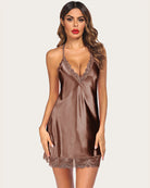 Brown satin lace nightgown with V-neck and lace trim hem