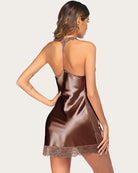 Brown satin lace nightgown, open-back style with lace trim