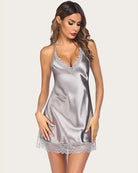 Grey satin lace full slip with V-neck lace trim and scalloped hem