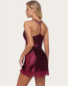 Burgundy satin lace full slip, open-back straps and lace scalloped hem