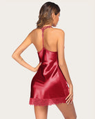 Red satin lace nightgown with lace-trim open back and hem