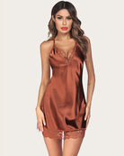 Satin lace full slip sleepwear in rust brown, V-neck lace trim, spaghetti straps