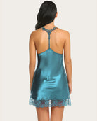 Satin lace full slip sleepwear in teal blue, racerback with lace back and lace hem