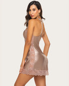 Champagne satin lace nightgown with open-back straps and lace hem