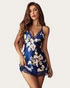 Satin lace nightgown with navy floral print, lace V-neck, and scalloped hem