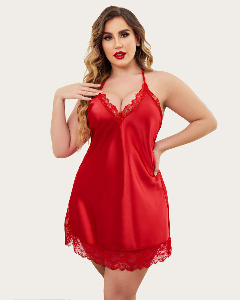 Red satin lace slip dress with lace V-neck and adjustable straps