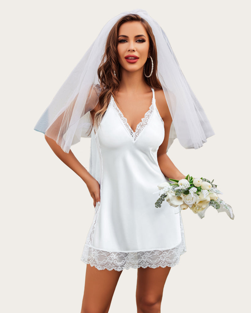 White satin lace full slip with lace V neckline, scalloped hem and veil.