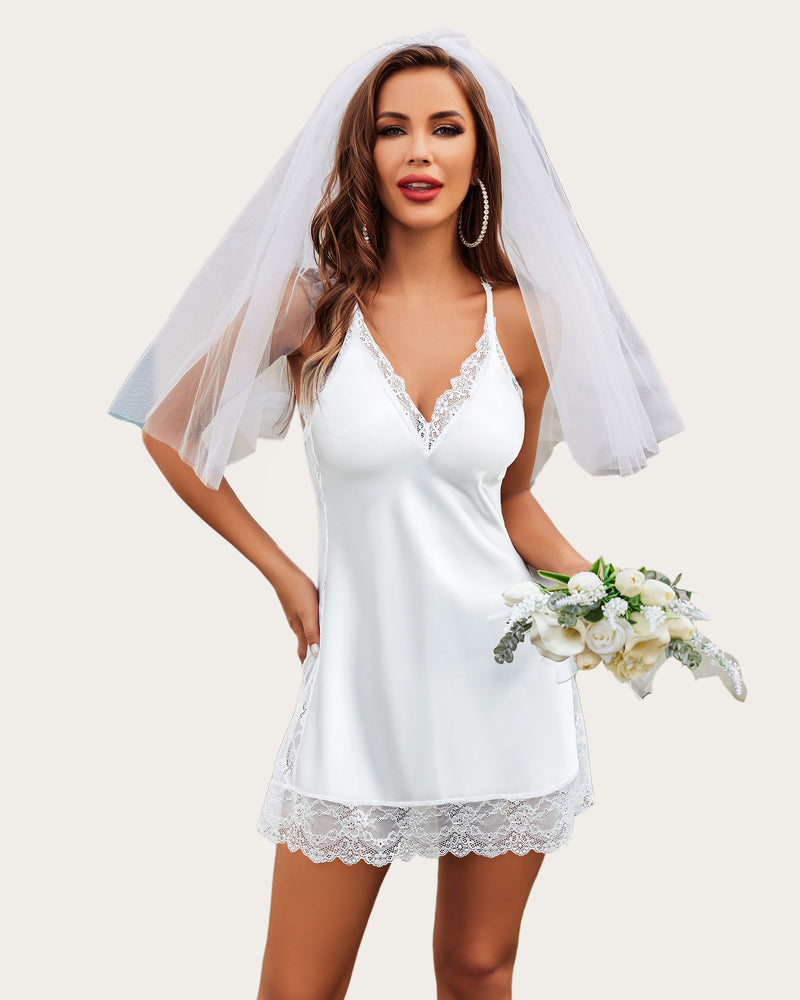 White satin lace full slip with V-neck camisole and scalloped hem