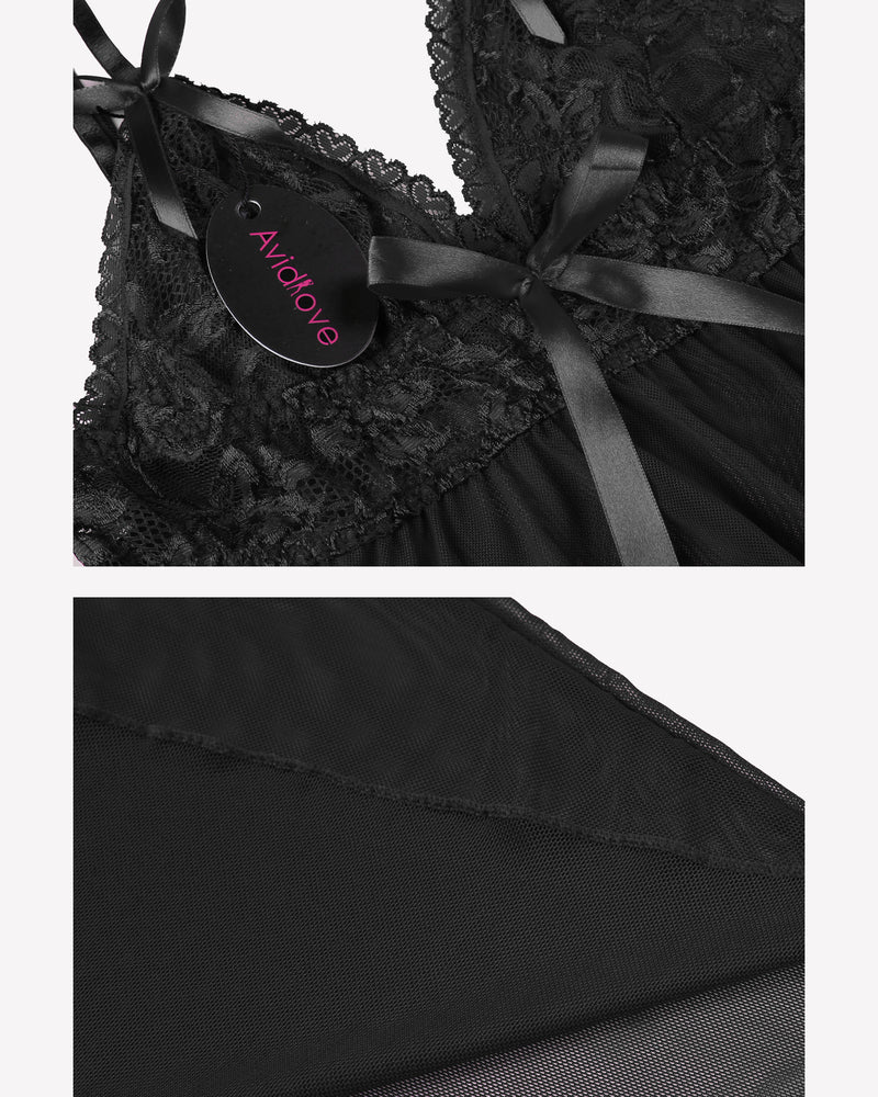 Black lace babydoll bodice with ribbon bow and sheer pleated skirt detail