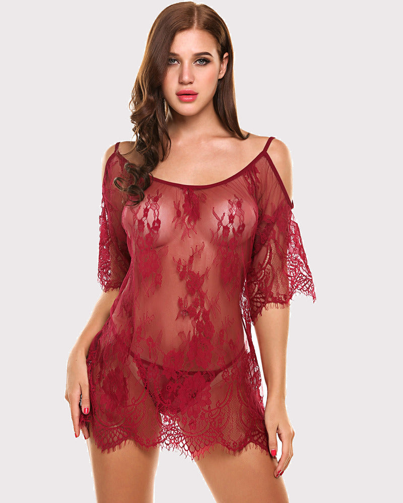 Red lace mini babydoll with shoulder cutouts and floral sheer overlay