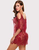 Red lace mini babydoll with off-shoulder sleeves and floral sheer bodice