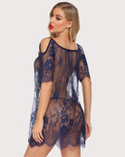 Navy lace babydoll with short sleeves and scalloped hem