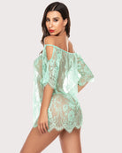 Mint lace babydoll with cold-shoulder neckline and scalloped trim