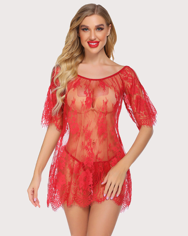 Red lace babydoll with off-shoulder neckline and scalloped hem