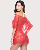 Pink lace off-shoulder babydoll with scalloped hem and short loose fit lingerie