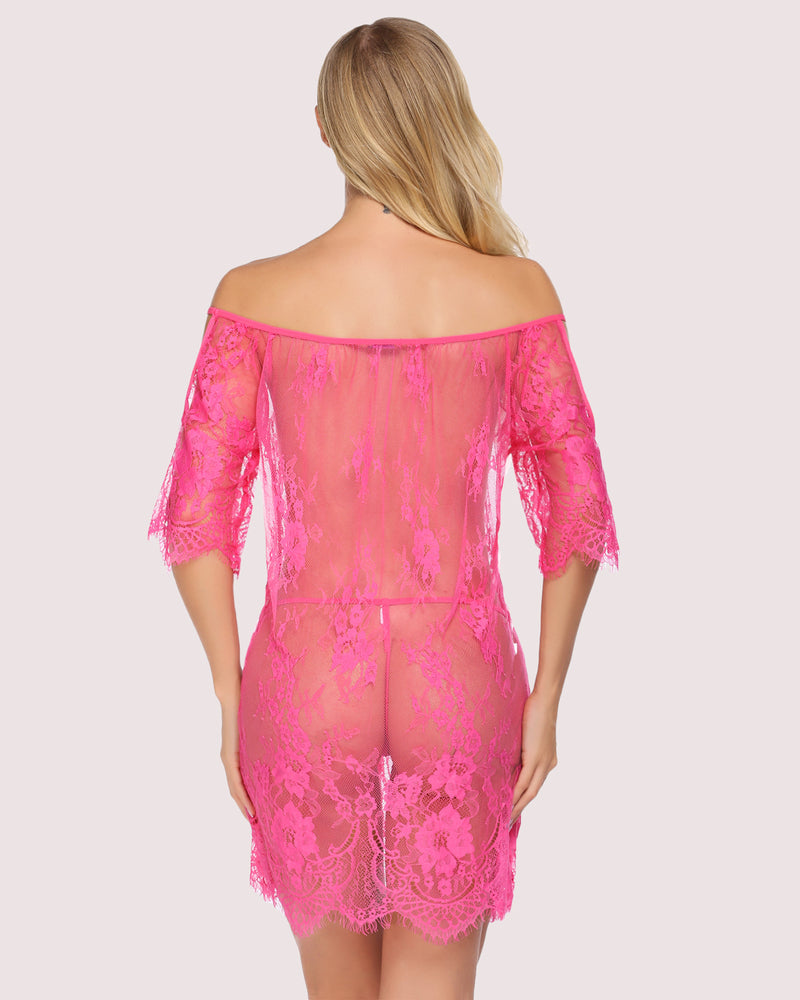 Pink lace babydoll dress with off-shoulder back and scalloped sheer hem