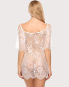 White lace backless mini babydoll with sheer mesh and floral scalloped hem