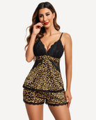 Leopard-print lace satin pajama set with black camisole and tiered shorts, lace hem