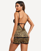 Leopard-print lace satin pajama set with strappy camisole and matching shorts, back view